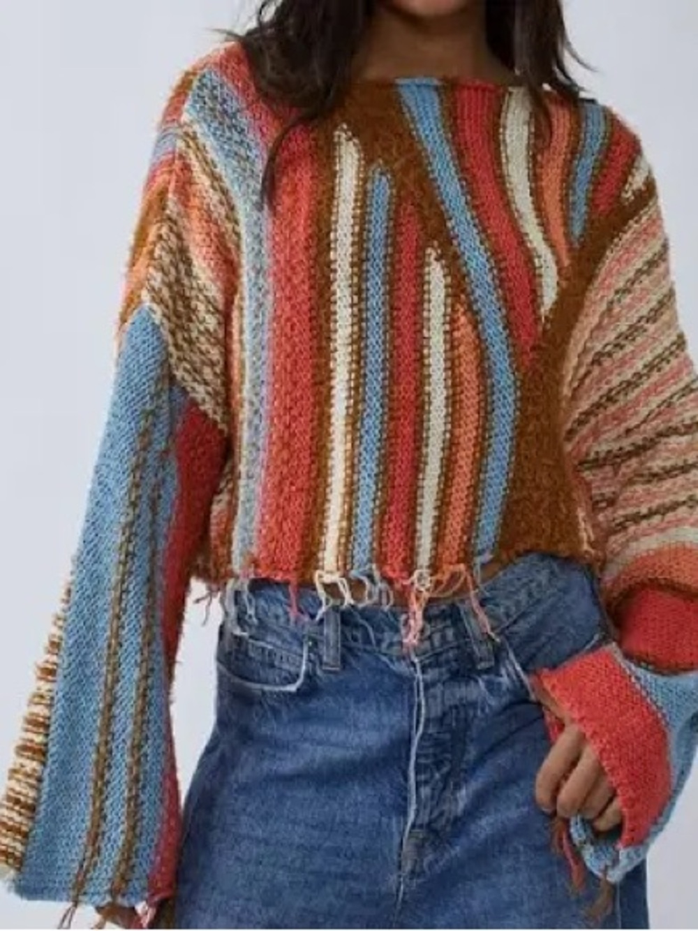 Free People Distressed Striped Cropped Sweater Boho Raw Hem XS